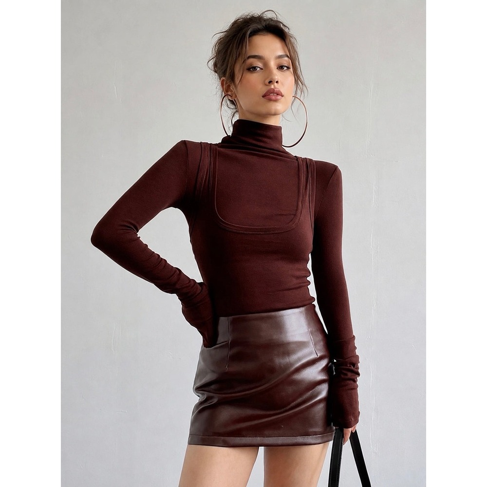COMMENSE 2 in 1 Mock Neck Jersey Top Burgundy - Size S / NWT